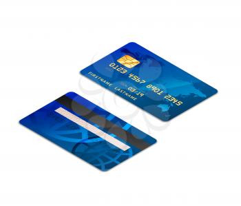 Blue realistic credit cards with chip from both sides in isometric projection isolated on white