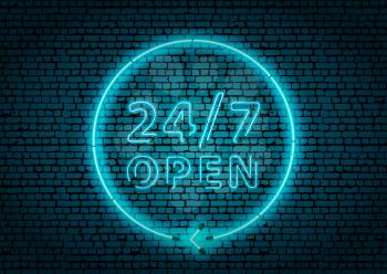 Bright blue neon glowing 24 hours open sign on brick wall