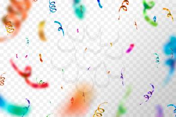 Bright colorful confetti on transparent background, anniversary party background