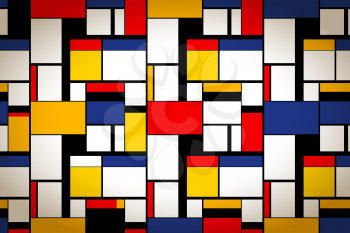 Bright colorful painting in Piet Mondrian's style, wide artistic background