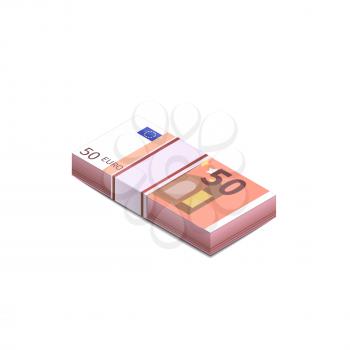 Bright fifty euro banknotes in stack in isometric view, pile notes isolated on white