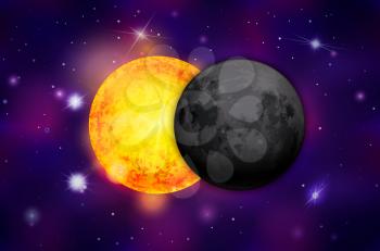 Bright realistic eclipse on colorful purple deep space background with bright stars and constellations