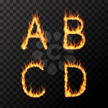 Bright realistic fire flames in A B C D letters shape, hot font concept on transparent background