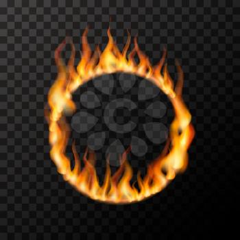 Bright realistic fire flames in circle shape on transparent background
