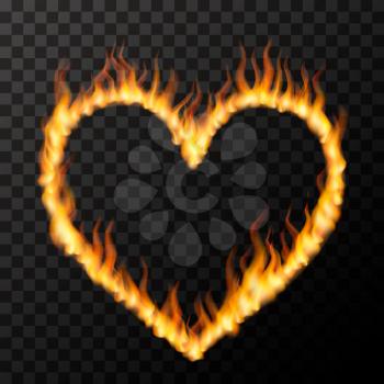 Bright realistic fire flames in heart shape, hot love concept on transparent background