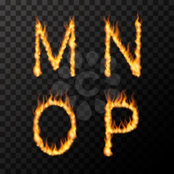 Bright realistic fire flames in M N O P letters shape, hot font concept on transparent background