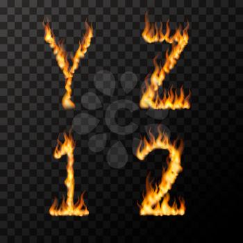 Bright realistic fire flames in Y Z 1 2 letters shape, hot font concept on transparent background