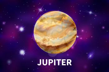 Bright realistic Jupiter planet on colorful deep space background with bright stars and constellations