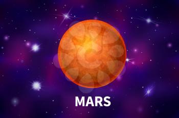 Bright realistic Mars planet on colorful deep space background with bright stars and constellations
