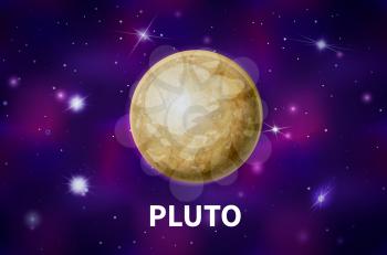 Bright realistic Pluto planet on colorful deep space background with bright stars and constellations