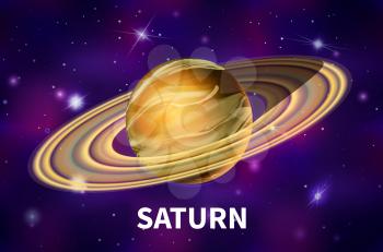 Bright realistic Saturn planet on colorful deep space background with bright stars and constellations