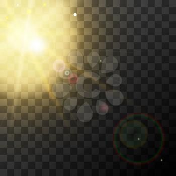 Bright realistic yellow sunbeam effect with lens flare on transparent background