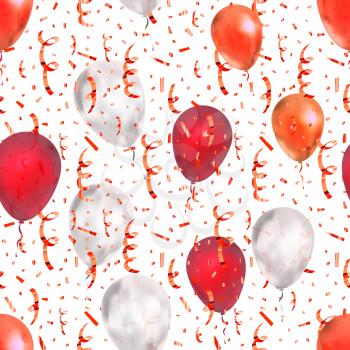 Bright red and orange serpentine and confetti with red and white balloons, seamless pattern on white background