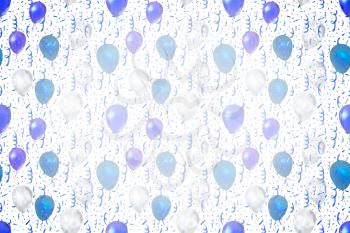 Bright serpentine and confetti with blue and white balloons on white wide background