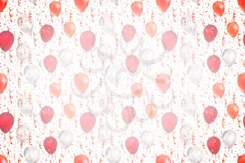 Bright serpentine and confetti with red and white balloons on white wide background