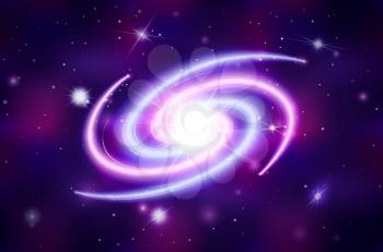 Bright spiral galactic on deep purple space background with bright stars and constellations