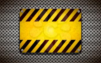 Bright yellow blank warning sign template on metallic grid, industrial background