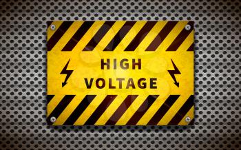 Bright yellow high voltage sign on metallic grid, industrial background
