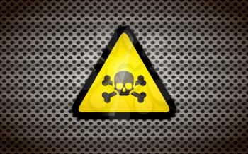 Bright yellow warning sign with black skull on metallic grid, industrial background