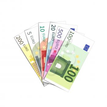 Bunch of different simple euro banknotes isolated on white