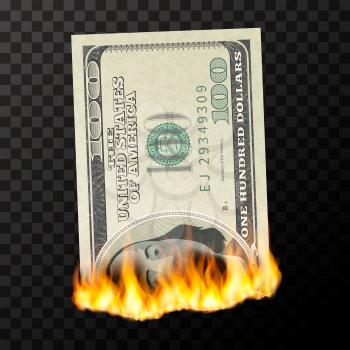 Burning dummy of one hundred USA dollars banknote torn into two pieces with fire flames