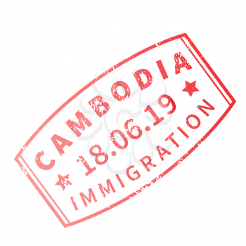 Cambodia International travel visa stamp isolated on white. Arrival sign purple rubber stamp with texture
