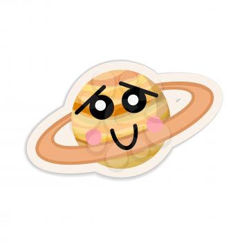 Cartoon saturn planet icon with cute face isolated on white