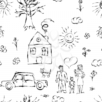 Cute black child's hand drawn objects like family, flowers, house, grass, tree, sun and cat, seamless pattern on white