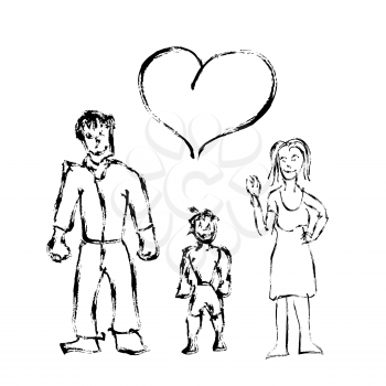 Cute child's hand drawn family with boy and heart icon isolated on white