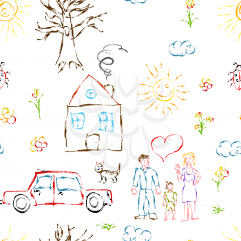 Cute colorful child's hand drawn objects like family, flowers, house, grass, tree, sun and cat, seamless pattern