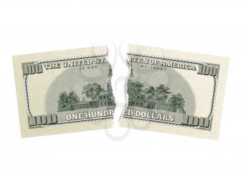 Fake one hundred USA dollars from back side, green banknote torn into two pieces isolated on white