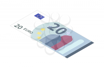 Flat twenty euro banknote in isometric view isolated on white