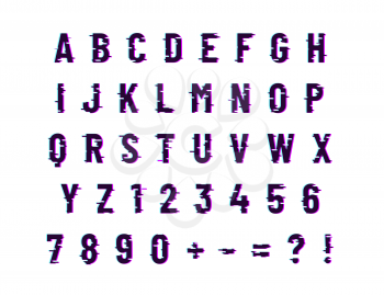Glitch computer distortion font, latin letters isolated on white