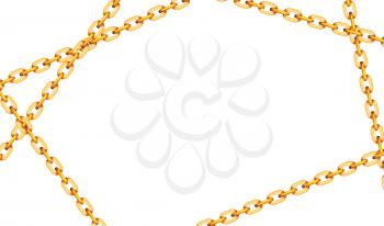 Glossy golden metal crossed chains on white, wide background