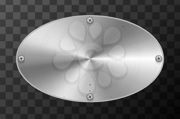 Glossy metal industrial plate in ellipse shape on transparent background