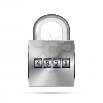 Glossy metal realistic padlock with code numbers isolated on white