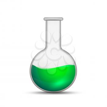 Glossy realistic chemical flask with bright green experimental fluid isolated on white
