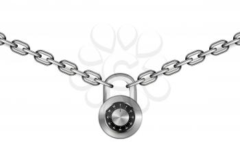 Glossy silver metal chains with round code padlock on white wide background