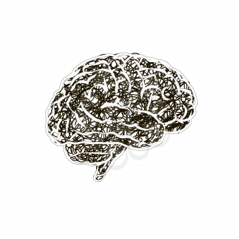 Human brain with messy doodle hatching, stress concept on white
