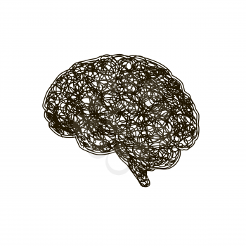 Human brain with round messy doodle hatching, stress concept on white