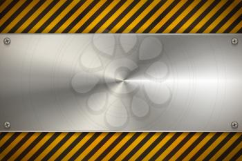 Industrial background with polished metal blank plate on worn warning pattern with red and white stripes