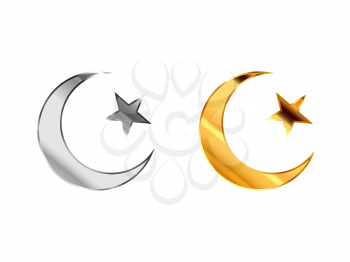 Islam religious signs made from glossy silver and gold metall isolated on white
