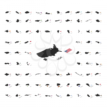 Large set of black silhouettes of world sovereign states with countries flags in isometric view isolated on white