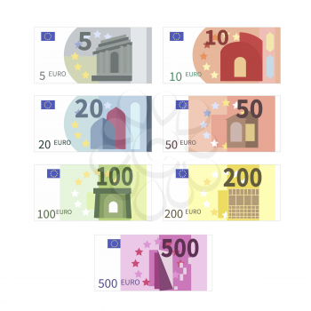 Large set of different euro banknotes. Five, ten, twenty, fifty, one hundred, two hundreds and five hundreds cupures isolated on white