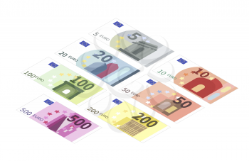 Large set of different euro banknotes in isometric view. Five, ten, twenty, fifty, one hundred, two hundreds and five hundreds notes isolated on white