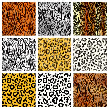 Large set of realistic and cartoon tiger, cheetah and leopard skin, detailed seamless patterns