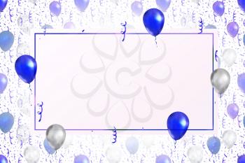 Lovely background with bright blue serpentine, confetti and balloons on white with blank banner template