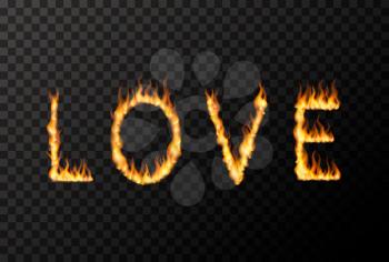 LOVE word made up from bright fire flames letters on transparent background