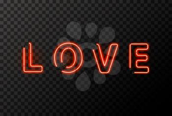 LOVE word made up from bright red neon letters on transparent background