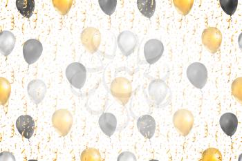 Luxury background with bright golden serpentine, confetti and balloons on white